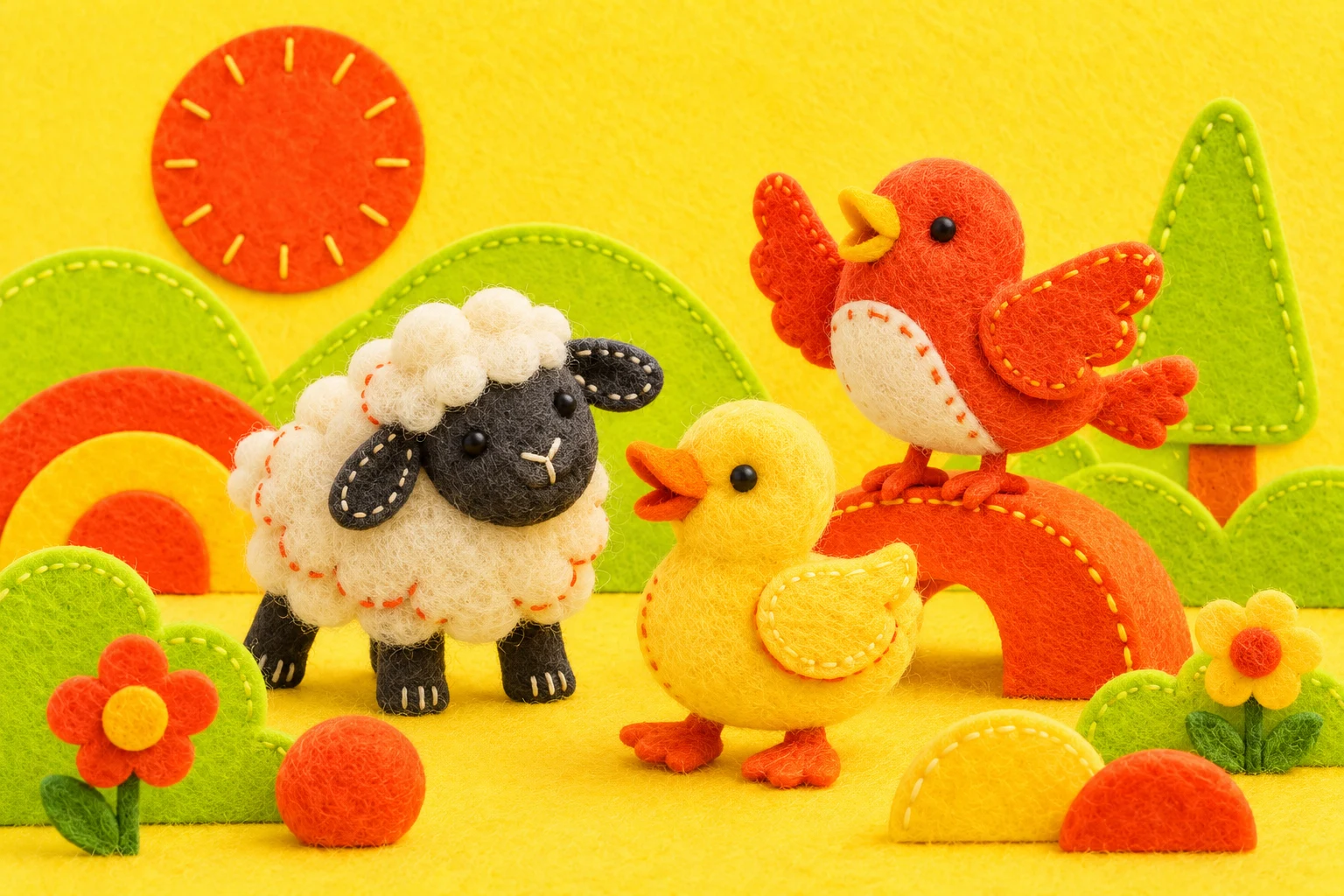 A sheep, duck and bird made from layered felt shapes on a sunny yellow wool mat